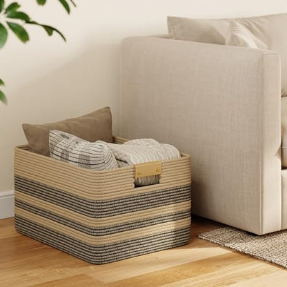 Nunsino 75L Blanket Basket with Leather Handles,Laundry Basket,Dark Brown - color: Dark Brown, size: 75L