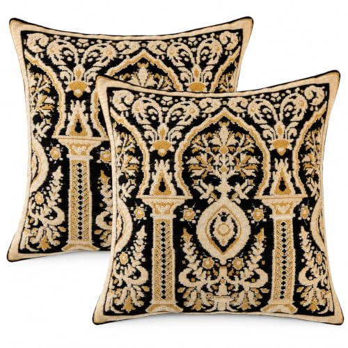 2PC 18x18 inches Decorative Chenille Jacquard Persian Vintage Embroidery Stereo Sofa Pillow Covers for Home Decor, Sofa Living Room, Couch, Bed.18x18 or 20x20 inches. (Ivory Gold on Black) - color: Ivory Gold on Black