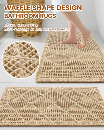 Smiry Waffle Bath Mat 30x20, Soft Absorbent Non Slip Bathroom Rug with Tassels, Machine Washable Quick Dry Bath Mat for Bathroom Floor, Tub, Shower, Home Decor Accessories, Brown