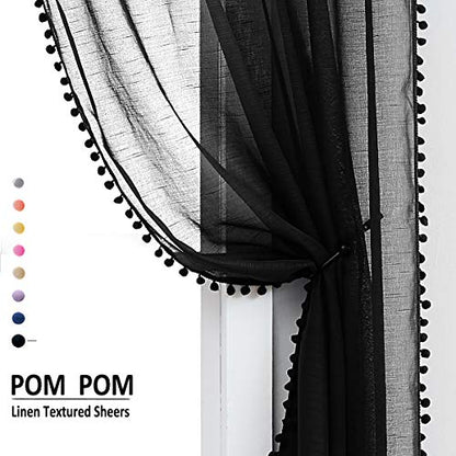Black Sheer Curtains for Living Room 52x95" Pom Pom Trimmed Voile Drape 2pc - color: Modern Black, size: 52"W x 95"L (Pack of 2)