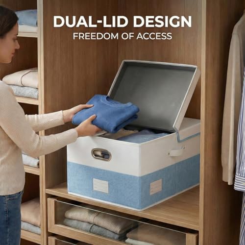 PRANDOM Storage Bins with Lids [3-Pack] Linen Fabric Foldable Storage Boxes Organizer Containers Baskets Cube with Cover for Bedroom Closet Office White&Blue (23.4X15.9X11.4)