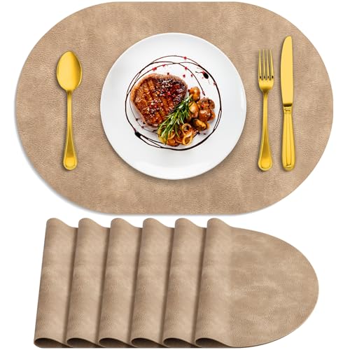 ADRIMER Oval Placemats Set of 6, Wipeable Faux Leather, Apricot - color: Apricot