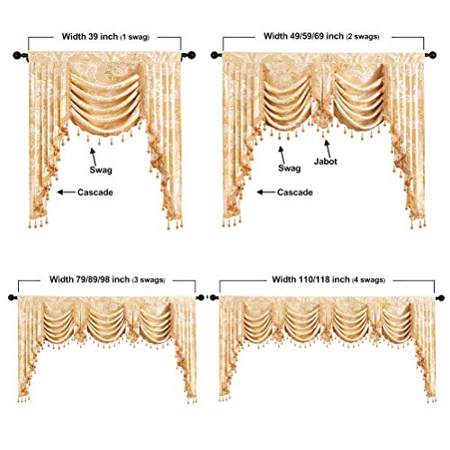 ELKCA Golden Jacquard Swag Waterfall Valance Luxury Curtain Valance for Living Room,Rod Pocket (Damask-Golden, W79 Inch, 1 Panel) - color: Valance,damask-golden, size: 79"W x 43"L (Pack of 1)