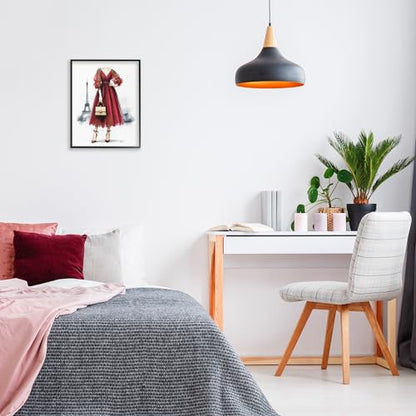 'Parisian Fashion Red Dress'| Framed Giclee Art - color: Midnight Black (Textured), size: 20"L x 16"W