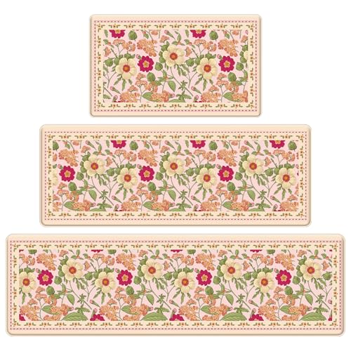 3 PCS Vintage Floral Kitchen Mats, Anti-Fatigue Floor Rugs, Pink - color: Pink, size: 18''x30''+18"x48"+18"x60"