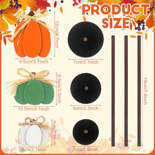 Thyle 3 Pcs Fall Pumpkin Decor, Wooden, Orange, Green, White - color: Orange, Green, White