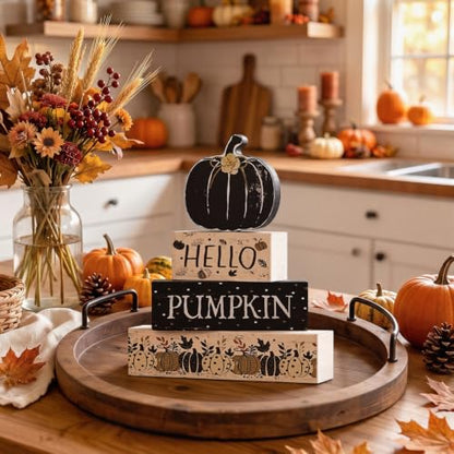Smile Fall Wooden Decor Signs Black Pumpkin Plaque HELLO PUMPKIN Tiered Tray Tabletop for Autumn Harvest Thanksgiving Home Decorations - style: Black Pumpkin