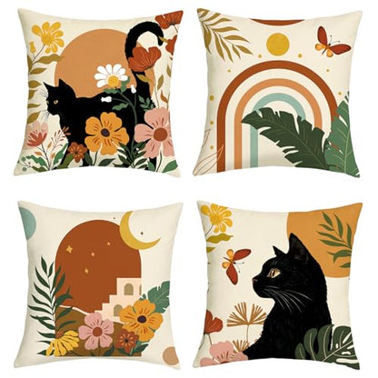 20x20 Set of 4 Boho Black Cat Floral Throw Pillow Cushion Covers - size: 20" x 20" (Pack of 4)