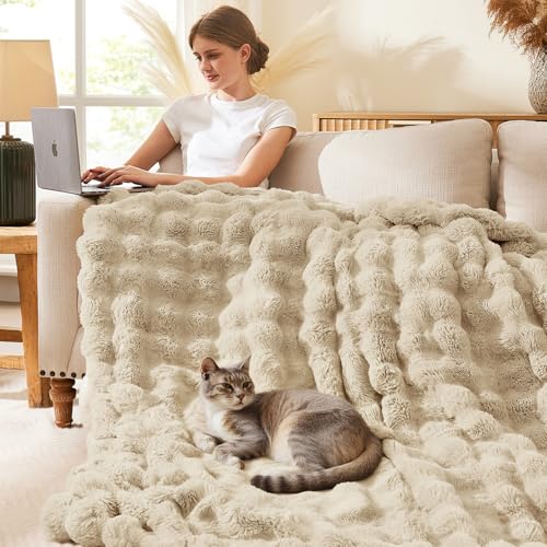 L'AGRATY Faux Rabbit Fur Throw Blanket for Couch, 60'' x 80'' Almond White - color: Almond White, size: 60" x 80"