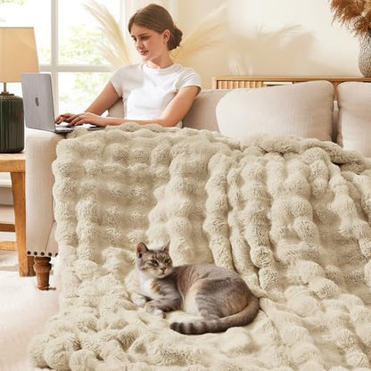 L'AGRATY Faux Rabbit Fur Throw Blanket for Couch, 60'' x 80'' Almond White - color: Almond White, size: 60" x 80"