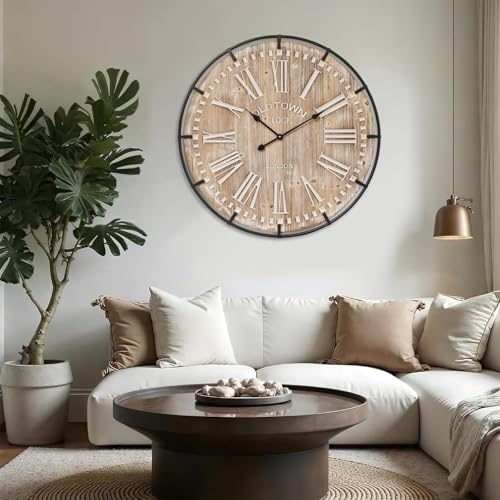 Farmhouse Wall Clock 30 Inch - Rustic Wood Metal Decor, Silent Sweep, Battery Operated for Living Room Kitchen Office, Brown - size: 30 Inch