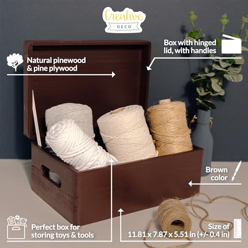 Creative Deco Large Brown Wooden Box Storage with Hinged Lid - color: Brown, size: L | Handles