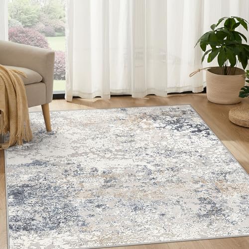 DMOYEST Square Area Rug Living Room Rugs - 5x5 Washable Large Soft Indoor Neutral Modern Abstract Low Pile Rug Carpet for Bedroom Dining Room Farmhouse Home Office - Beige Blue - color: Beige Blue, size: 5' x 5' (Square)