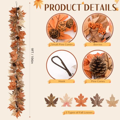 9 Ft Fall Garland with Lights & Timer, Thanksgiving Fireplace Mantel Decor - size: 9 Ft