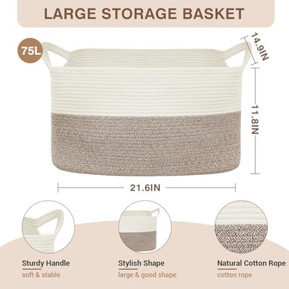 YOUDENOVA Large Blanket Basket, Rectangle Cotton Rope Storage Baske - color: White+Brown
