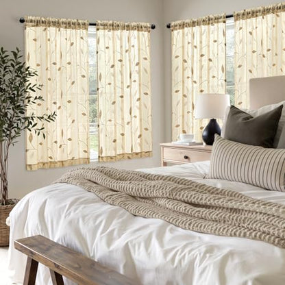 MIULEE Beige Sheer Curtains 2 Panels Embroidered Leaf Patterned, W52 x L54 - color: Beige, size: 52"W x 54"L (Pack of 2)
