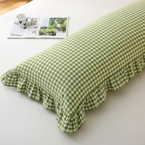 Silnuo Olive Green/White Gingham Ruffled Body Pillow Cover 20"x54" - color: Green/White, size: Body Pillow (20" x 54") - 1 Piece