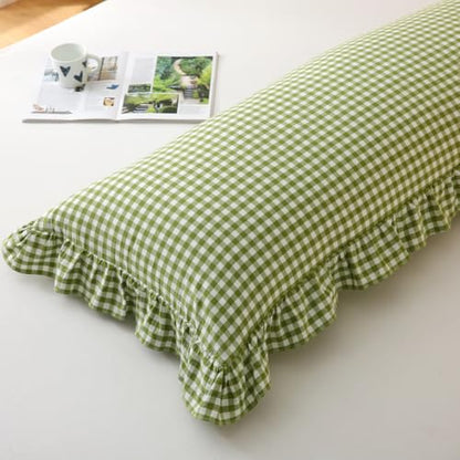 Silnuo Olive Green/White Gingham Ruffled Body Pillow Cover 20"x54" - color: Green/White, size: Body Pillow (20" x 54") - 1 Piece