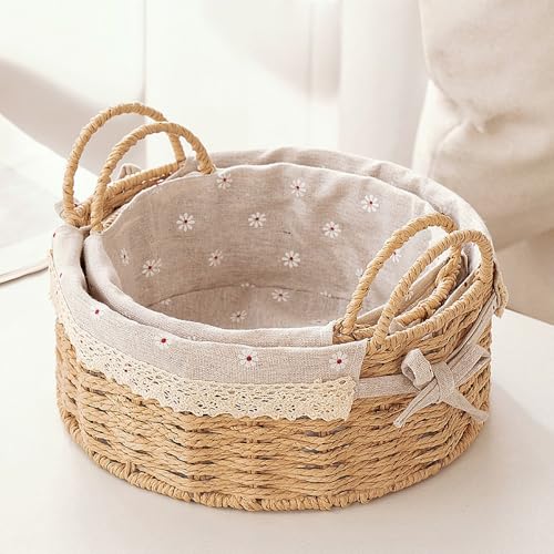GIB Small Round Wicker Storage Baskets for Organizing with Handle and Liner - color: Beige-Round
