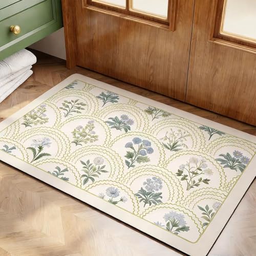 Vintage Floral Bathroom Rug Mat, 20"x32" Non-Slip Absorbent Bath Rug, Quick Dry Washable Entryway Rug, Retro Botanical Pattern Floor Mat for Bathroom, Kitchen, Bedroom (Green, Rectangular) - color: Rectangular,green, size: 32" x 20"