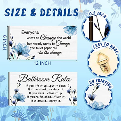 Jetec 2 Pcs Funny Bathroom Signs Wall Decor Farmhouse,Blue Floral - style: Blue Floral