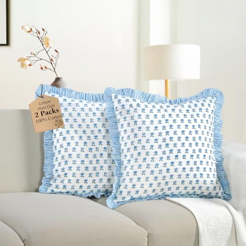 CPC Arctic Blue Block Print Ruffle Pillow Cover 18x18 Inch, Pack of 2 - color: Arctic Blue, size: 18" x 18" (Pack of 2)