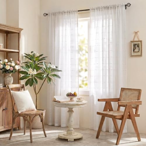 White Sheer Curtains 63 Inches Faux Linen Stripe Pattern 2 Panels - color: White, size: 52"W x 63"L (Pack of 2)