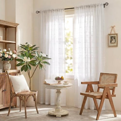 White Sheer Curtains 72 Inches Faux Linen Stripe Pattern 2 Panels - color: White, size: 52"W x 72"L (Pack of 2)