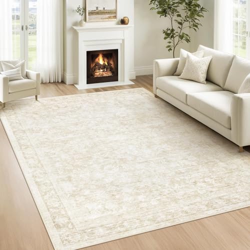 6x9 Area Rugs for Living Room: Washable Vintage Floral Rug Low Pile Non-Slip Boho Carpet for Bedroom Nursery Dining Room (Beige, 6'x9') - color: Beige, size: 6' x 9' (Rectangular)