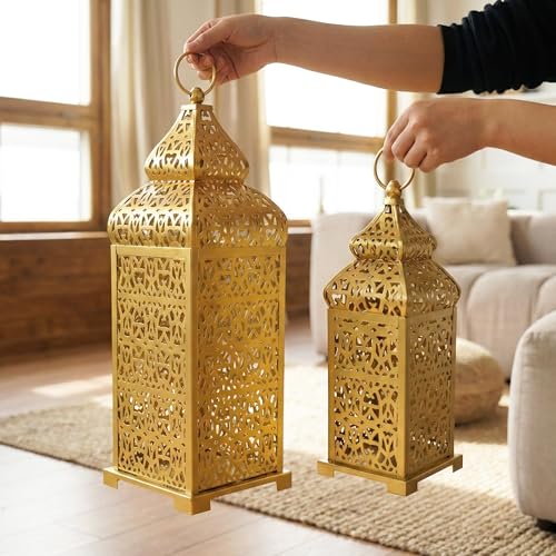 Vela Lanterns Decorative Indoor Moroccan Candle Holders, Gold, Set of 2 - color: Gold, size: 11" and 15"