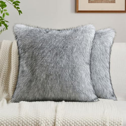 FUTEI Pack of 2 Faux Raccoon Fur Throw Pillow Covers 45 x 45 cm,Black White - color: Black White