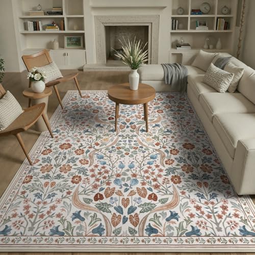 Lahome Claude Floral 8x10 Rugs for Bedroom, Washable Beige Area Rug for Nursery Playroom, Botanical Soft Boho Carpet for Kids Room, Living Room Indoor - color: Beige, size: 8' x 10'