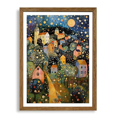 AVECCO Gustav Klimt Style Village Night Wall Art Framed Canvas 12x16 Inch - color: colorful, size: 16"L x 12"W