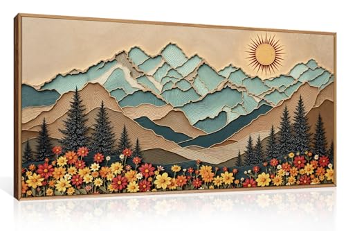 DRACIT Boho Wood Grain Mountain Framed Canvas Wall Art Set-40"*20" - color: Woodcut Style Mountain Wall Art, size: 40"L x 20"W