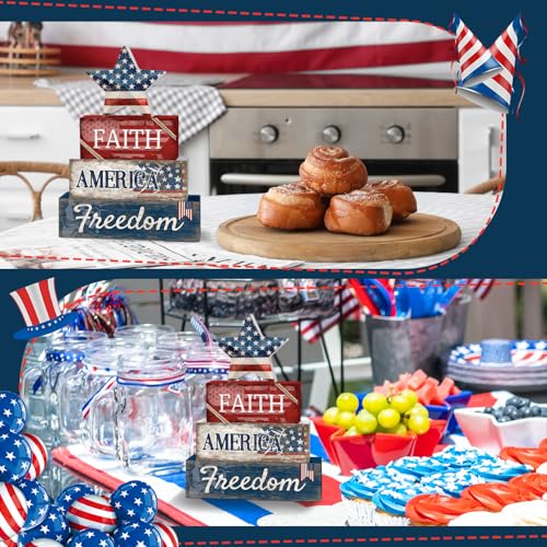 Britimes Tiered Tray Decor Set, 4 Pack, Wooden Table Sign, Patriotic 4th - style: Star