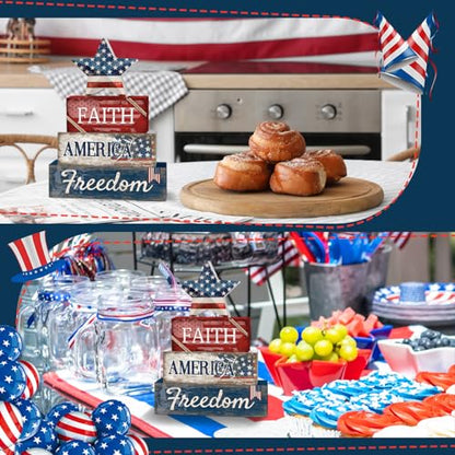 Britimes Tiered Tray Decor Set, 4 Pack, Wooden Table Sign, Patriotic 4th - style: Star