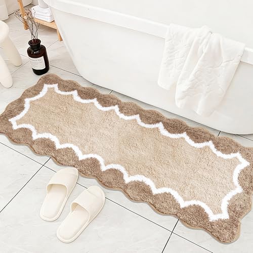 Cute Scalloped Beige Bathroom Rug Runner,Non Slip Absorbent 17"x47" - color: Beige, size: 2' x 4'11" (Rectangular)