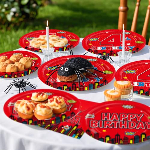 Grencian 96 Pcs Spider 4th Birthday Party Decorations, Serves 24 - style: Spider 4th Birthday Kit