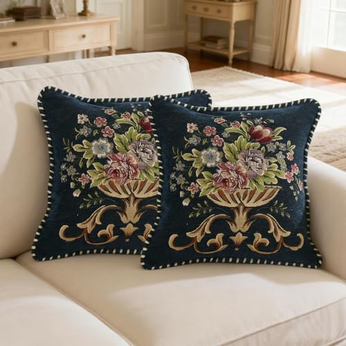 Set of 2 Blue Vintage Embroidered Throw Pillows Covers 18x18in - color: Blue