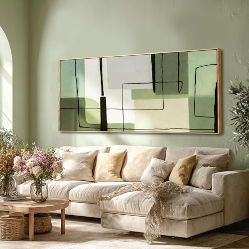 Green Abstract Canvas Wall Art, Modern Geometric Framed Artwork, Extra Wide Horizontal Wall Decor, Large 32×70 Inch Art for Living Room Bedroom Over Sofa - color: Green, size: 70"L x 32"W