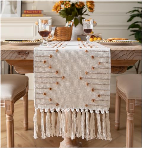 Caflife Brown Beige Cotton Linen Rustic Boho Table Runner 13x48 Inch Long - color: Brown Beige, size: 13x48Inch