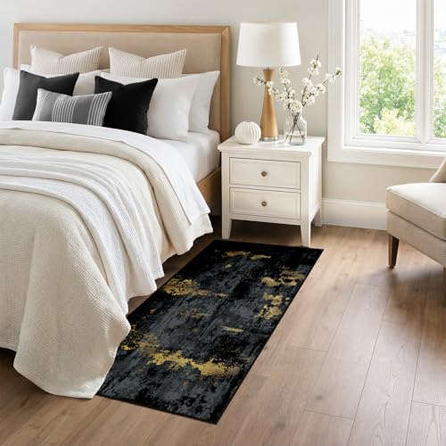 RELEANY Washable Runner 3'x6' Abstract Area Rug for Hallway Black Gold - color: Black/Gold, size: 3' x 6' (Runner)