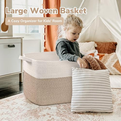Goodpick 85L Large Woven Rope Blanket Basket, White & Light Brown - color: White & Light Brown, size: X-Large(23.6"L x 15.7"W x 13.8"H)