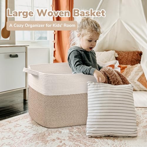 Goodpick 85L Large Woven Rope Blanket Basket, White & Light Brown - color: White & Light Brown, size: X-Large(23.6"L x 15.7"W x 13.8"H)