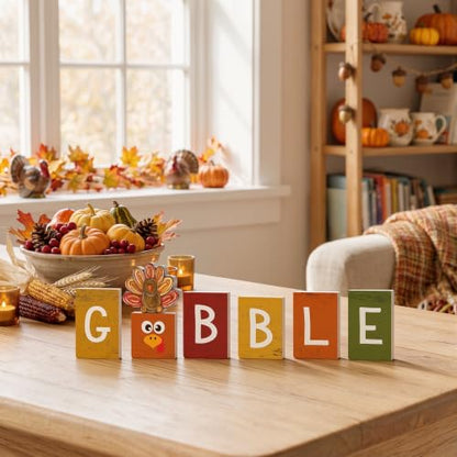 Smile 7 Pcs Thanksgiving Decor Indoor Wooden Sign, Turkey Gobble for Rustic Farmhouse Home, Thanksgiving Table Tiered Tray Kitchen Decorations. - style: Gobble