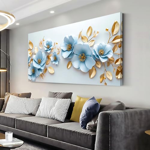 Aqua Blue Flower Wall Art for Bedroom Canvas Painting Prints Pretty Floral Modern Nature Gold Elegant Artwork Office Girls Room Decor - color: Gold and Blue Wall Art(k830), size: 40L" x 20W"