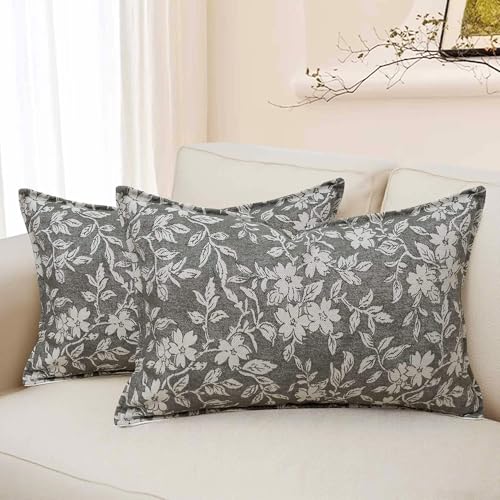 Floral Lumbar Pillow Covers 12x20 Farmhouse Jacquard Pillow Covers, 2 Pack - color: B-grey-flower, size: 20" x 12" (Pack of 2)