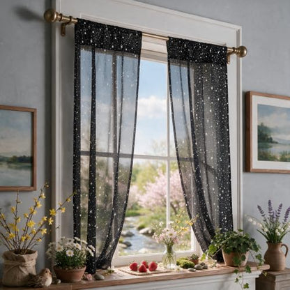 Horaldaily 2Pcs Black Sheer Curtains 52x63in, Silver Sequin Star, Halloween - color: Black and Sliver, size: 52"W x 63"L (Pack of 2)