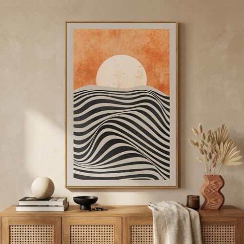 Framed Mid Century Modern Boho Sunset Wall Art for Living Room, 24x36 Inch - color: Orange Black and White, size: 36"L x 24"W