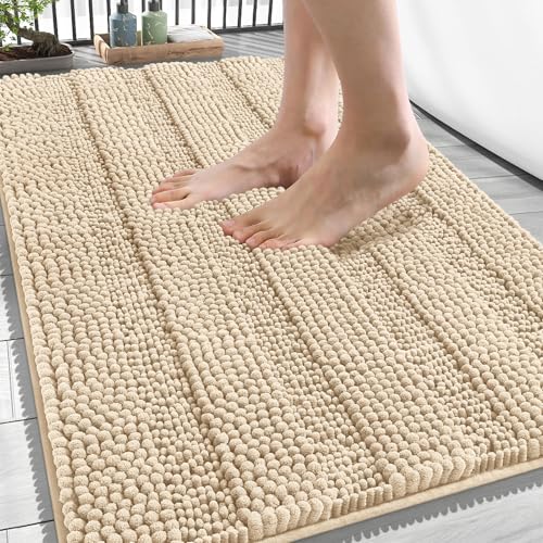 OLANLY Thick Bathroom Rugs 34x21, Soft Chenille Striped Bath Rugs, Beige - color: Beige, size: 34" X 21"